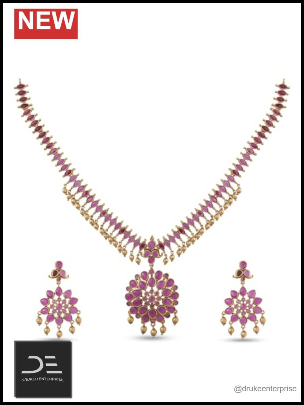 Brass Alloy Matte Gold Plated Necklace & Earring Set with Cubic Zirconia